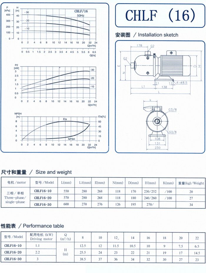 CHLF輕型立式不銹鋼多級離心泵安裝圖、尺寸、性能