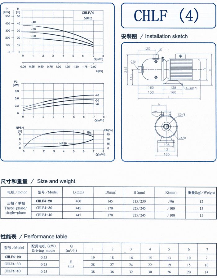 CHLF輕型立式不銹鋼多級離心泵安裝圖、尺寸、性能