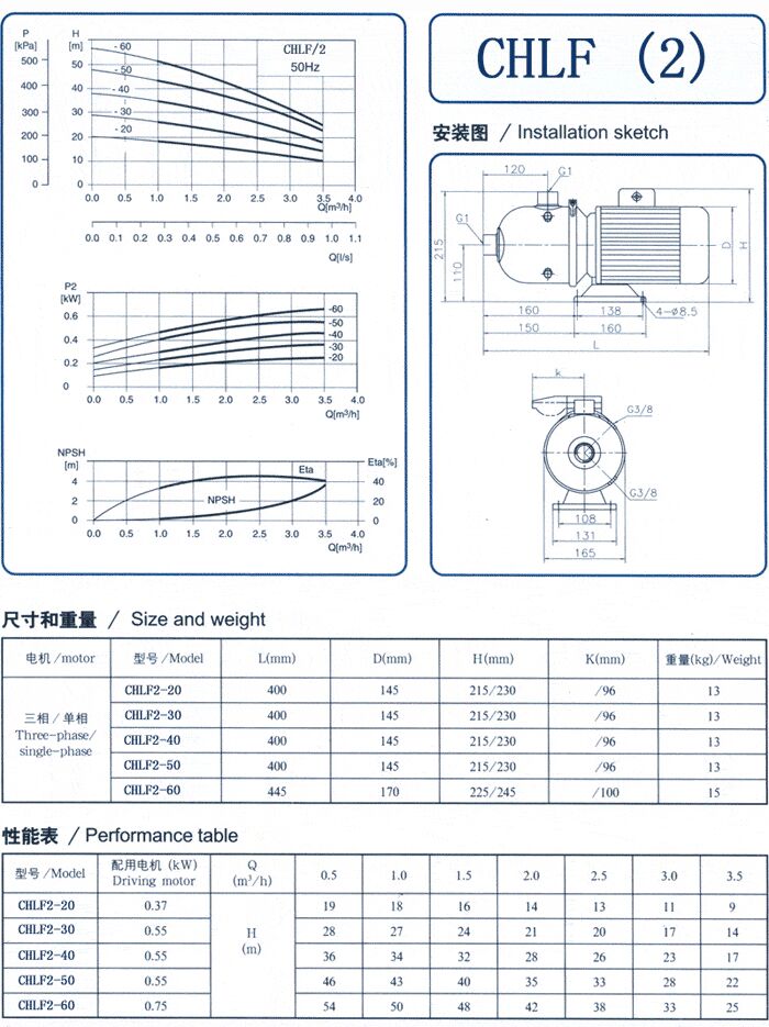 CHLF輕型立式不銹鋼多級離心泵安裝圖、尺寸、性能