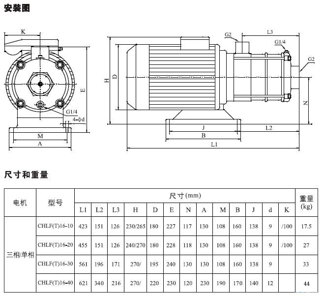 不銹鋼多級離心泵安裝圖、尺寸及重量